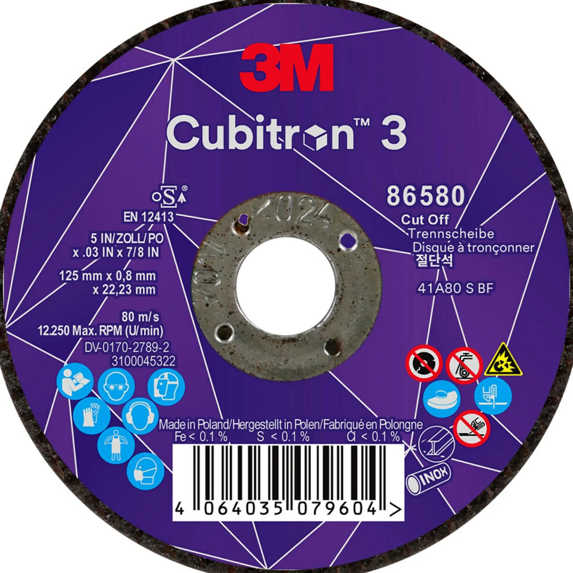 3M™ Cubitron™ 3 skæreskive 86580, 80+ T41, 125 mm x 0,8 mm x 22,23 mm EN, 25/pakning, 50 stk./kasse