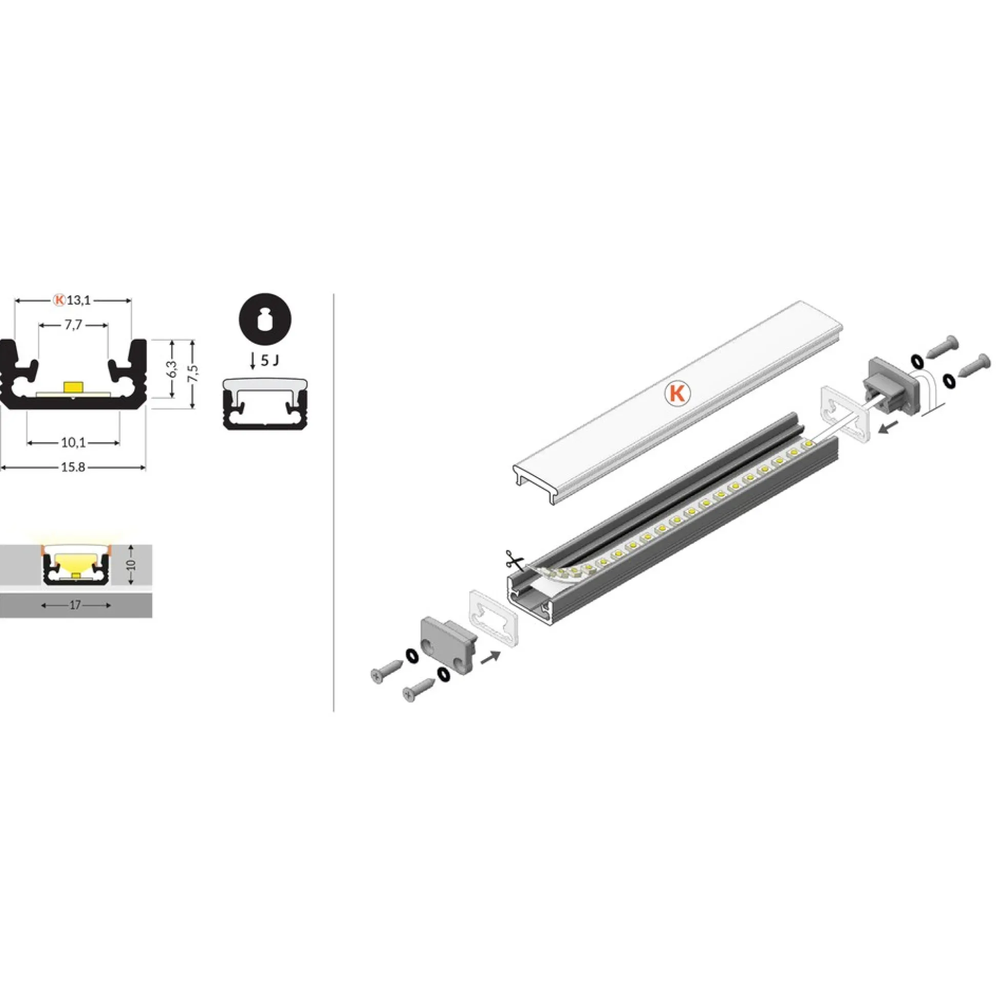 2 meter aluprofil FLOOR8 K, anodiseret, fliseprofil, LED skinne