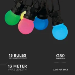 7 meter LED lyskæde, 15 RGB pærer, 0.5W/pære, med fjernbetjening - RGB
