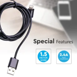 1,5 meter sort MFi Lightning kabel - 2A, Apple certificeret, holdbart design