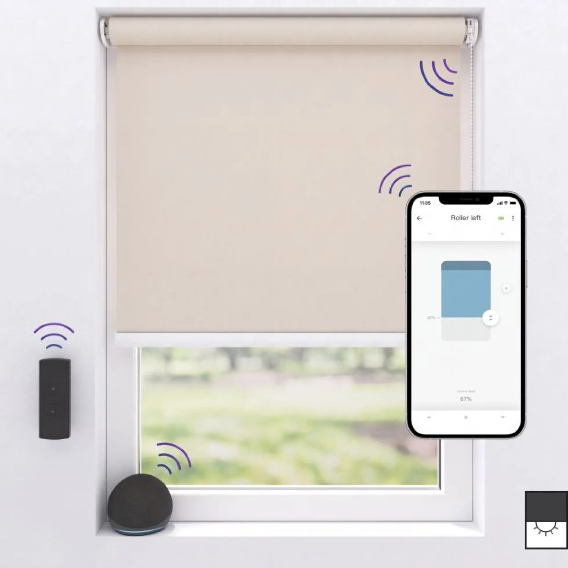 MotionBlinds trådløst/motoriseret rullegardin, mørklægning, Bluetooth, sand, komplet