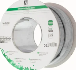 Netværkskabel U/UTP Cat6 installationskabel, LSZH (Low Smoke Zero Halogen), 100 meter rulle