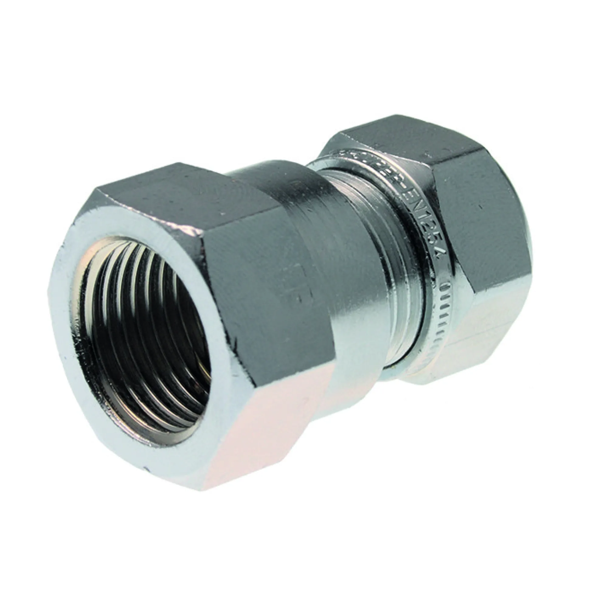 Overgang 1/2" - 10 mm, med muffe, forkromet