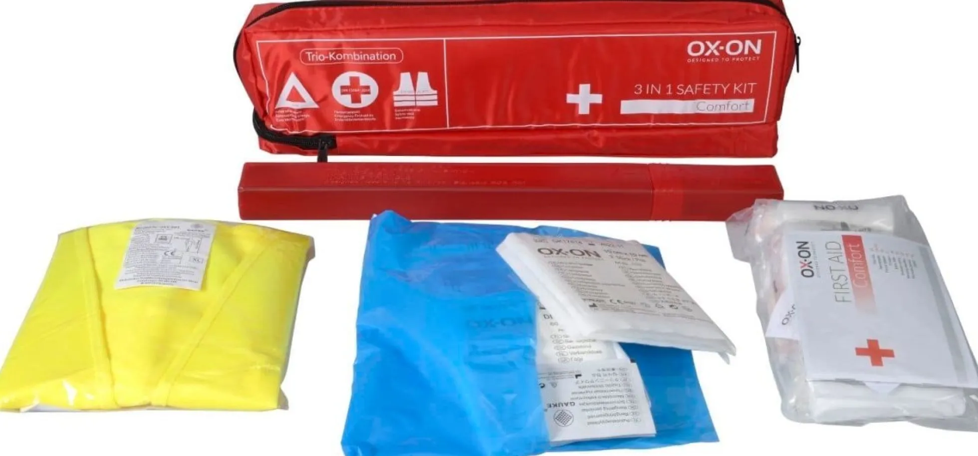 OX-ON 3 in 1 Safety kit Comfort, advarselstrekant, sikkerhedsvest, førstehjælpssæt