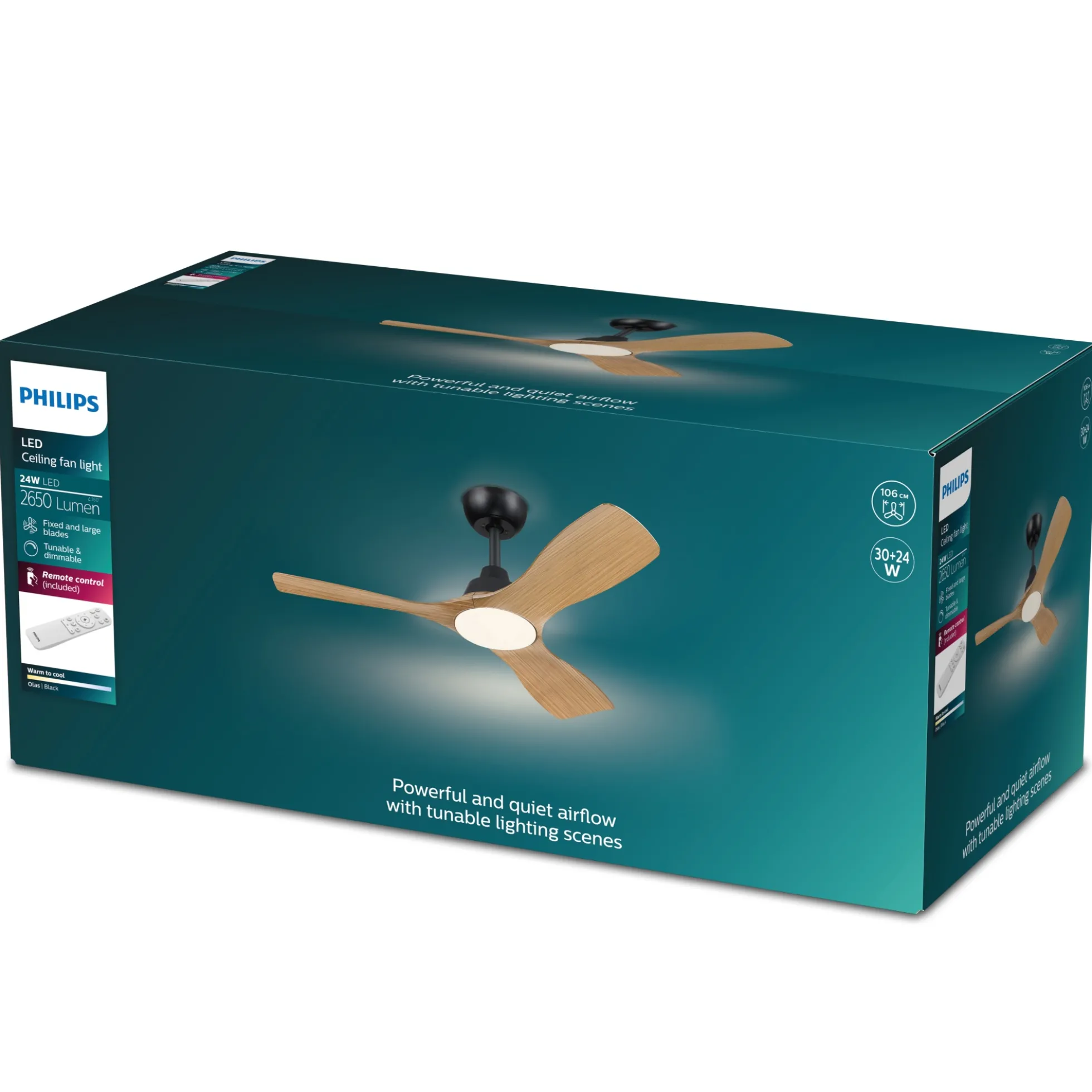 Philips Olas Loftventilator med LED-lys, Ø106 cm, dæmpbar med justerbar farvetemperatur, fjernbetjening