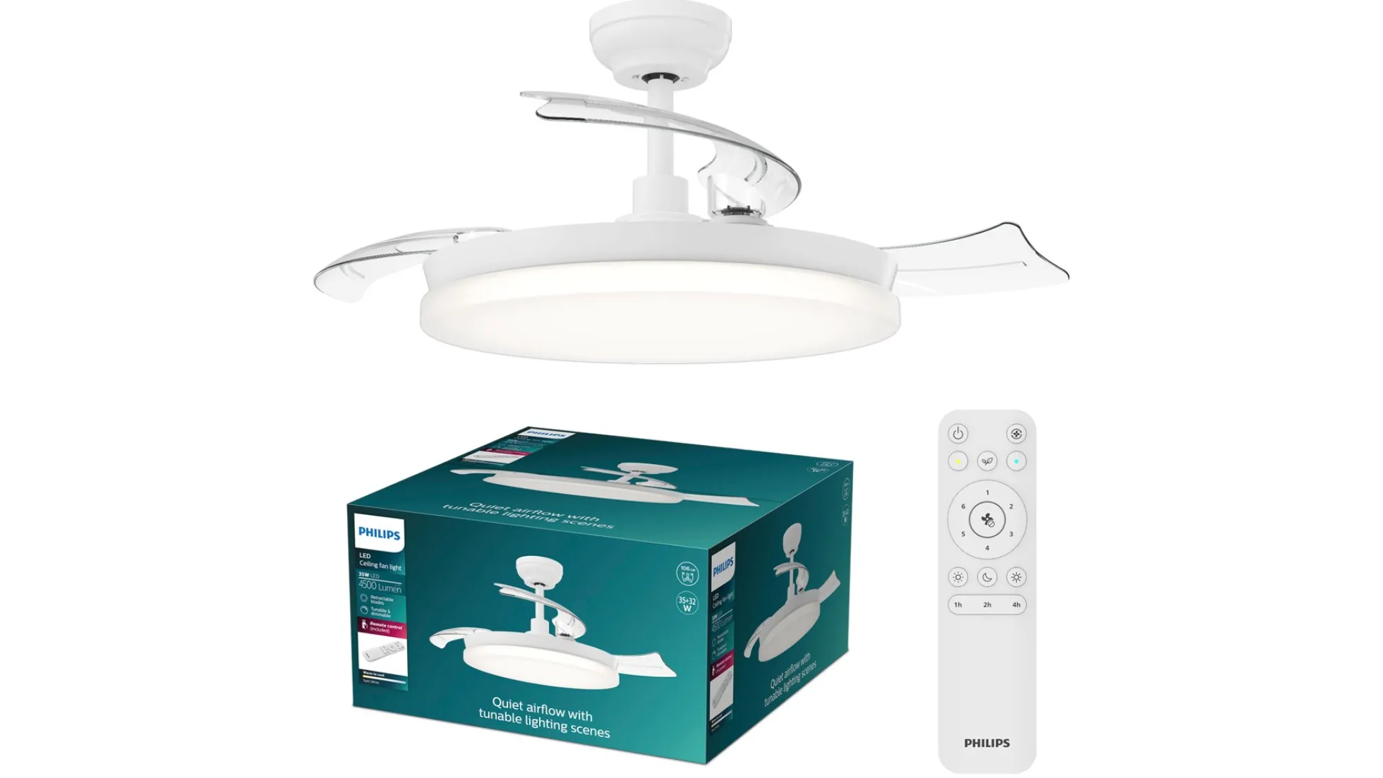 Philips Tynl Loftventilator med LED-lys, Ø106 cm, sammenfoldelige vinger, dæmpbar med justerbar farvetemperatur, fjernbetjening, hvid