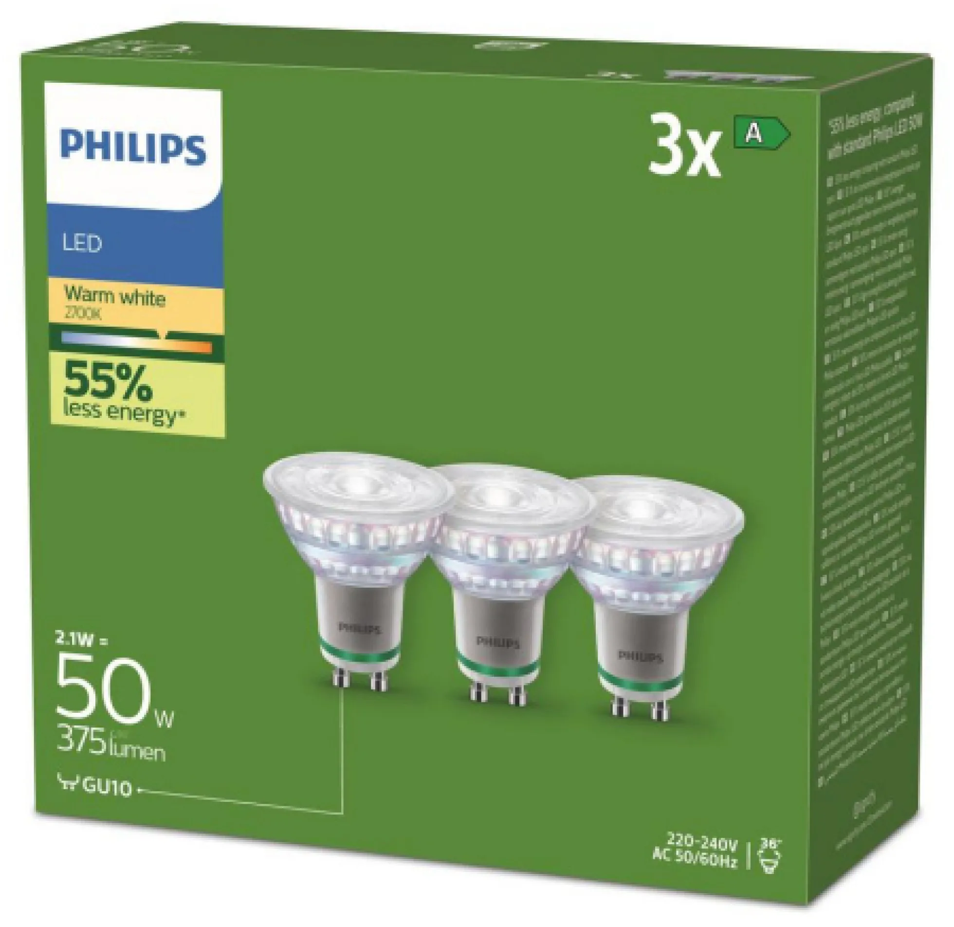 Philips Ultra Efficient GU10 A LED-pære, 2700K, 375lm, 36°, 2,1W - 3 pak
