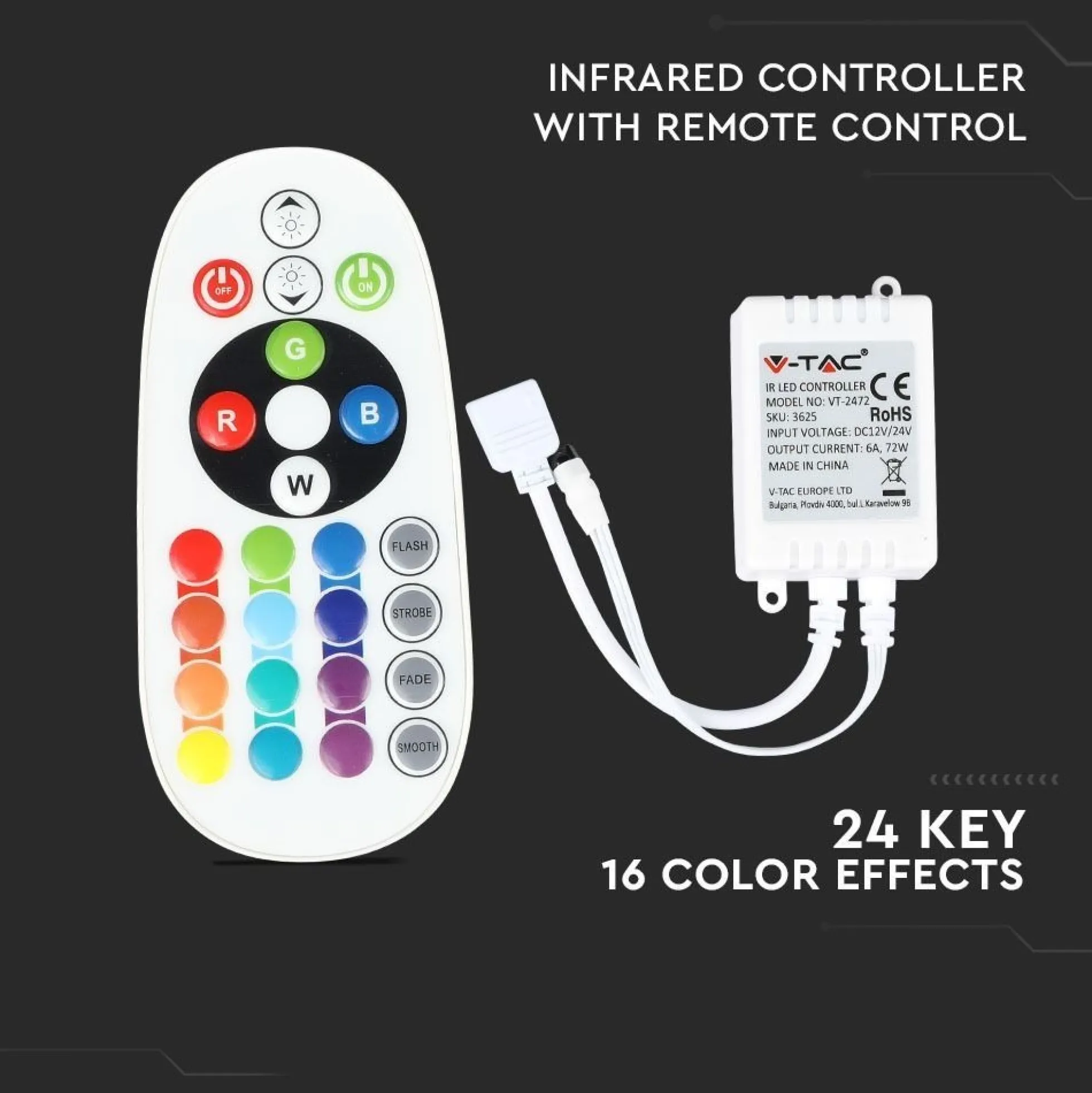 RGB-controller med fjernbetjening, memory funktion, infrarød, 12V/24V, 72W/144W