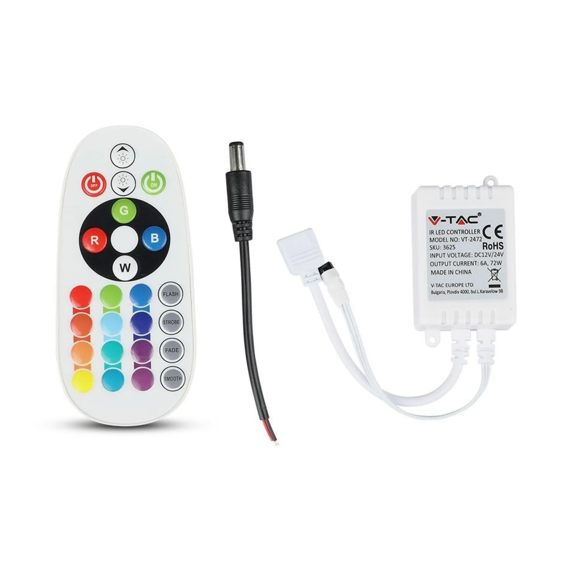 RGB-controller med fjernbetjening, memory funktion, infrarød, 12V/24V, 72W/144W