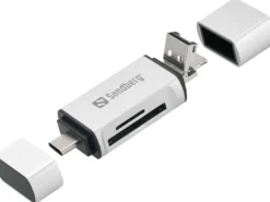Sandberg kortlæser, USB-C, USB, MicroUSB, MicroSD, SD, 80 mm, 16 mm, sølv