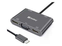 Sandberg USB-C dock, 2x HDMI, 1x VGA, USB, PD, kablet, USB 3.2 Gen 1 (3.1 Gen 1) Type-C, 4K Ultra HD, grå