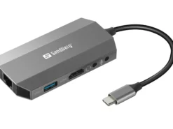 Sandberg USB-C 6-i-1 rejse-dock, USB 3.0 (3.1 Gen 1) Type-C, 100W, 10/100/1000 Mbit/s, MMC, MicroSD, grå