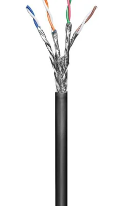 S/FTP CAT6 udendørs, 100 meter, sort solid, AWG 23/1 CCA, kabelkappe PE, med LSA tilslutningsteknologi, til hjemme-/udendørs brug
