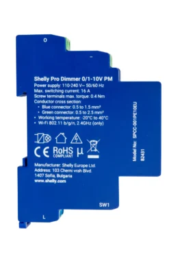 Shelly Pro Dimmer 0/1-10V PM, WiFi-styret 0/1-10V styring, DIN-skinne