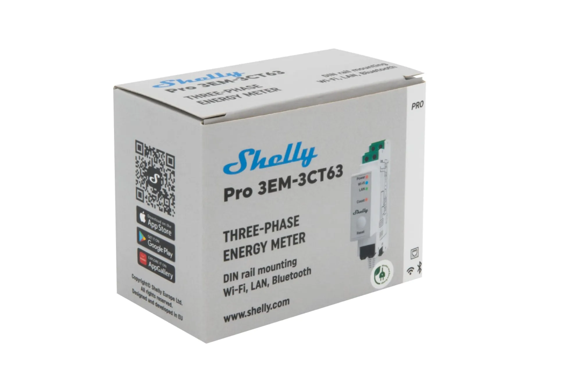 Shelly Pro 3EM CT63, Wi-Fi 3-faset energimåler, 63A