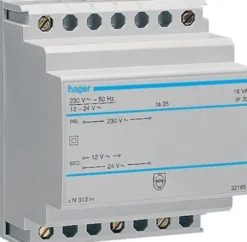 Sikkerhedstransformer, 16VA, 230Vac til 12-24Vac, DIN-skinne, ST313 – Hager