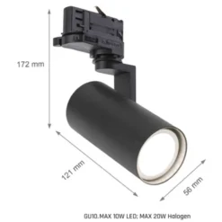 Skinnespot med GU10 fatning, 230V, Aluminium, Højde 172mm, Dybde 121mm, Diameter 56mm, IP20