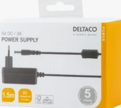 Strømforsyning, 100-240V AC 50/60Hz til 5V DC, 3A, 1,5 meter