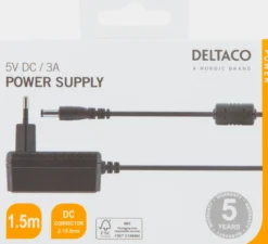 Strømforsyning, 100-240V AC 50/60Hz til 5V DC, 3A, 1,5 meter