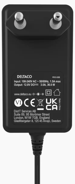 strømforsyning, 100-240 V til 12V 3A, sort