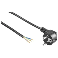 Strømkabel, 1,5 meter, 250V, IP20, Sort, Schuko stik, afisolerede ledninger, 16A