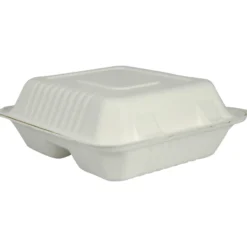 Takeaway boks 3-rums med hængslet låg, 22,3x20x7,8cm, hvid sukkerrør - ABENA