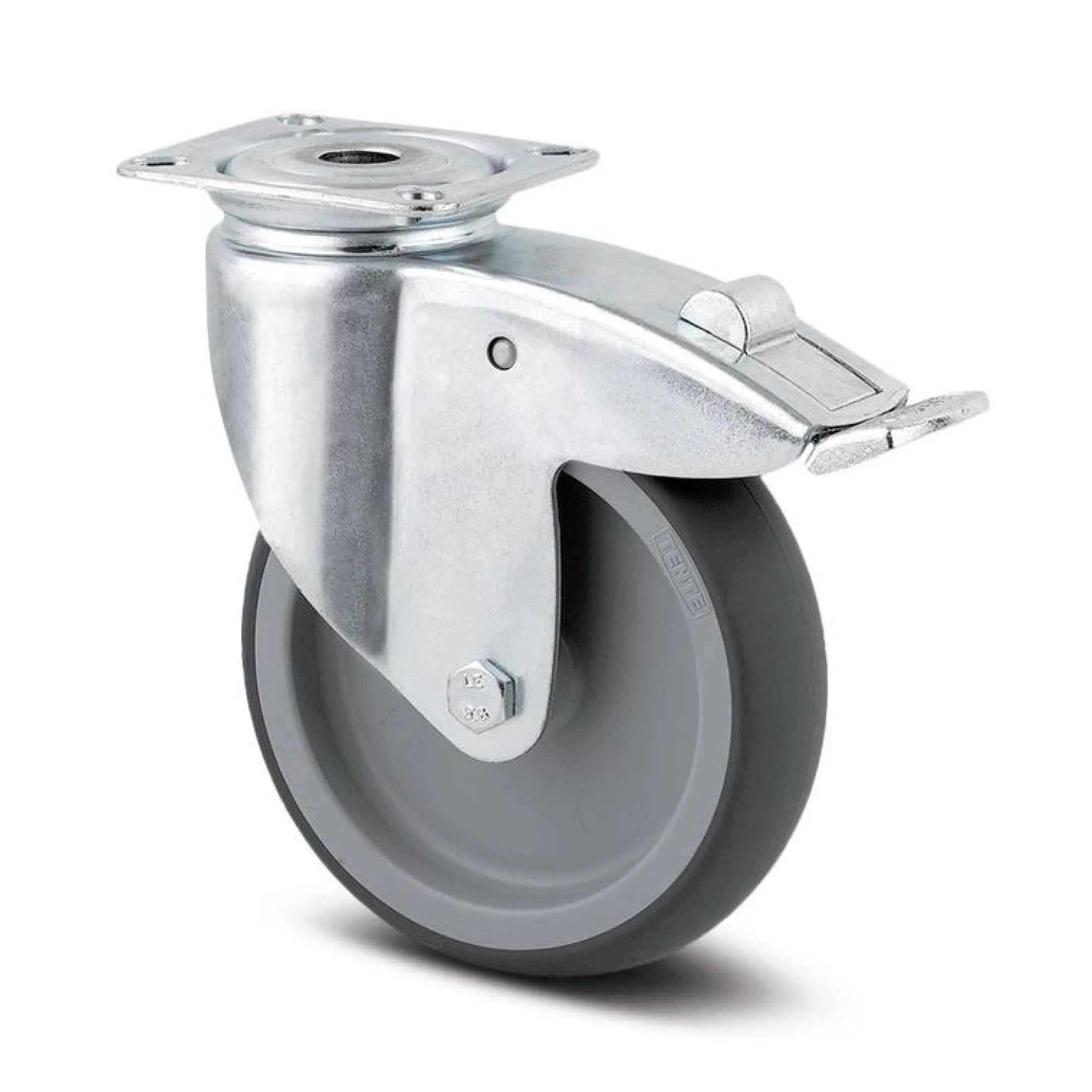Tente drejeligt hjul med bremse, gummi, 75 mm, 75 kg, glideleje med plade, byggehøjde: 100 mm