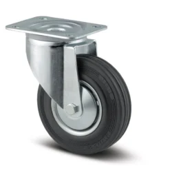 Tente drejeligt hjul, stålfælg, sort massiv gummi, trådfang, 125 mm, 100 kg, rulleleje med plade, byggehøjde 155 mm