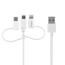 Usb-A - lightning kabel, 3-i-1, 1 m, hvid - Deltaco