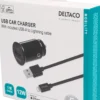 USB-biloplader, 1x USB-A 2.4 A, 1 meter Lightning-kabel, sort