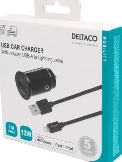 USB-biloplader, 1x USB-A 2.4 A, 1 meter Lightning-kabel, sort