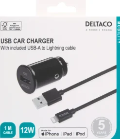USB-biloplader, 1x USB-A 2.4 A, 1 meter Lightning-kabel, sort