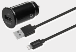 USB-biloplader, 1x USB-A 2.4 A, 1 meter Lightning-kabel, sort