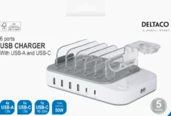 USB-ladestation, 4x USB-A, 2x USB-C, 50 W udgang, hvid
