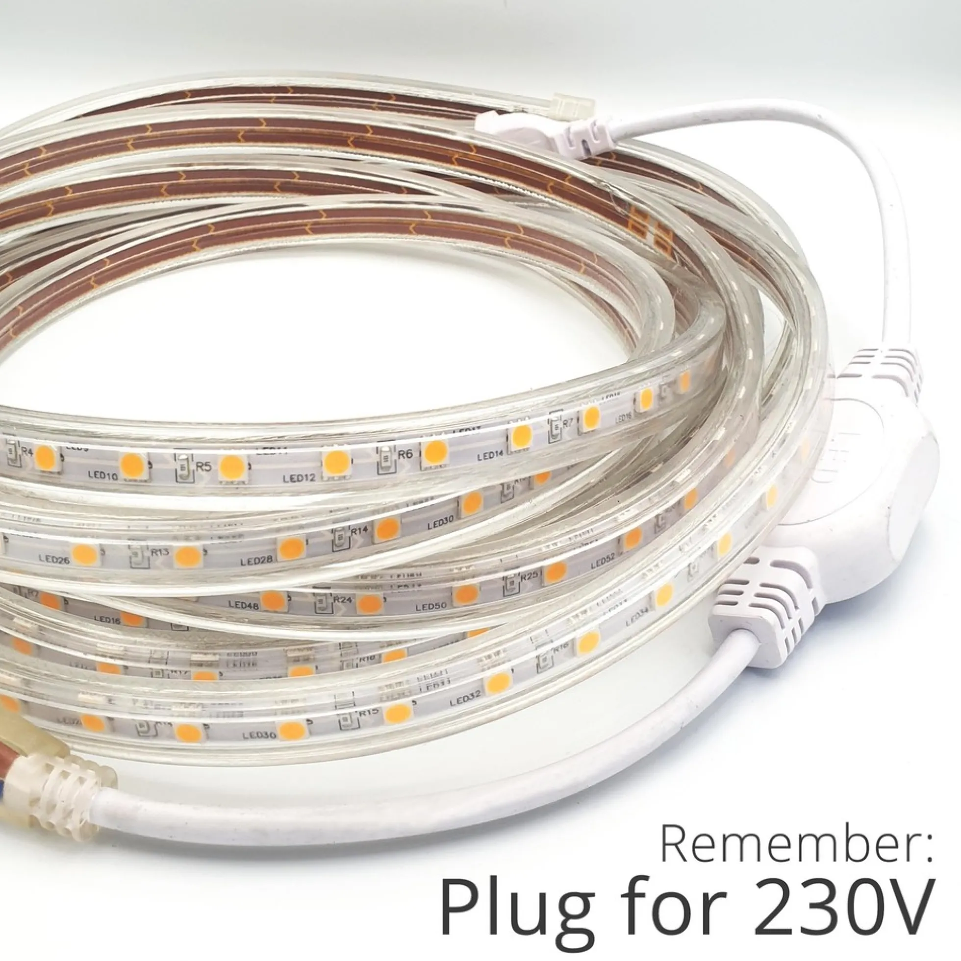 Vandtæt LED strip (Type Q), 230V, IP67, 60 LED, 6W pr. meter, 3000K