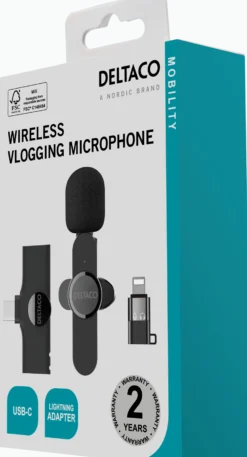 vlogging mikrofon, trådløs, USB-C/Lightning adapter, sort