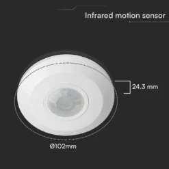 V-Tac LED bevægelsessensor til påbygning, hvid, PIR infrarød, IP20 indendørs, 360 graders spredning, 400W belastning, Ø102 mm