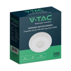 V-Tac LED bevægelsessensor til påbygning, hvid, PIR infrarød, IP20 indendørs, 360 graders spredning, 400W belastning, Ø102 mm