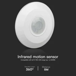 V-Tac LED bevægelsessensor til påbygning, hvid, PIR infrarød, IP20 indendørs, 360 graders spredning, 400W belastning, Ø102 mm
