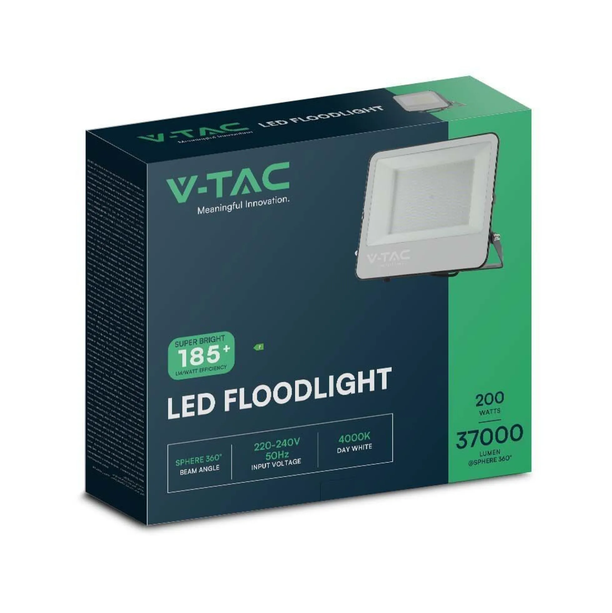 V-Tac 200W LED projektør, 185lm/W, arbejdslampe, udendørs, sort hus, neutral kulør