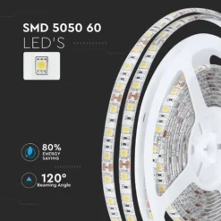 V-Tac 10,8W/m RGB stænktæt LED strip, 5 meter, 60 LED pr. meter, 12V DC, IP65
