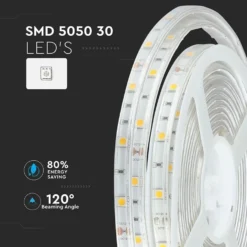 V-Tac 4,8W/m RGB vandtæt LED strip, 5 meter, 30 LED pr. meter, 400lm/m, 12V, IP65