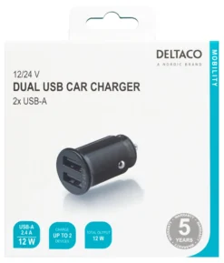12/24 V USB-biloplader, kompakt størrelse, dobbelt USB-A porte