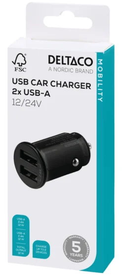12/24 V USB-biloplader, kompakt størrelse, dobbelt USB-A porte