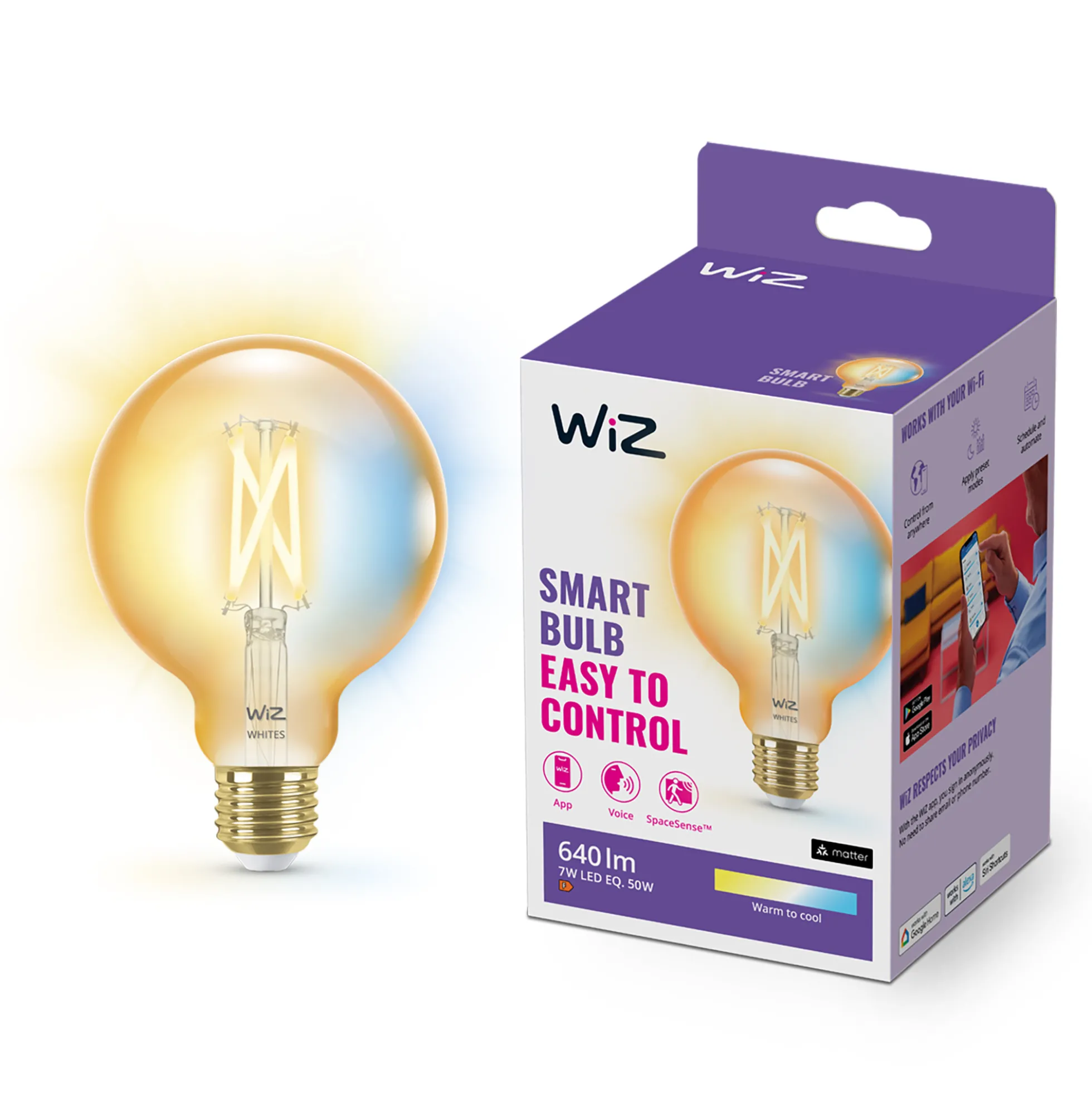 WiZ E27 LED-pære, G95 amber, 640lm, Tunable White, 7W, WiFi/Matter