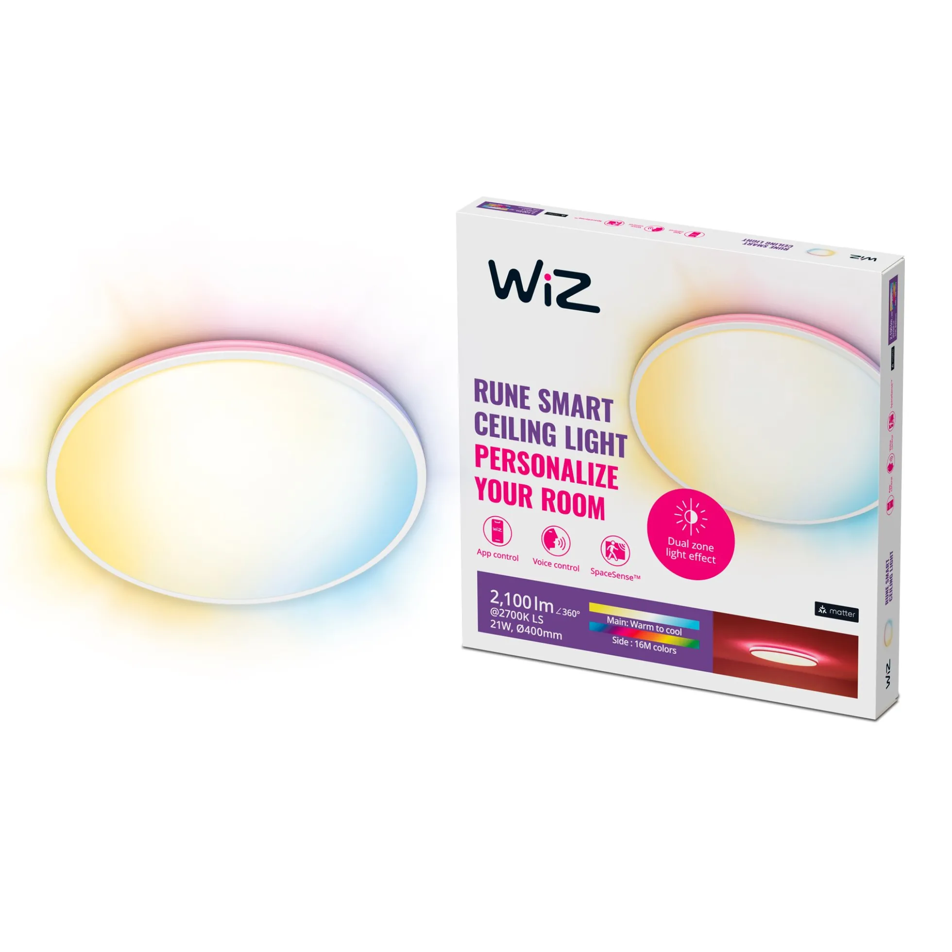 WiZ Rune plafond, Color + Tunable White, 2100lm, Ø 40 cm, hvid