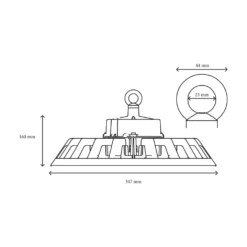 200W LED high bay, 180lm/W, DALI dæmpbar, 90 grader, IP65, IK08, sort kabinet, 4000K
