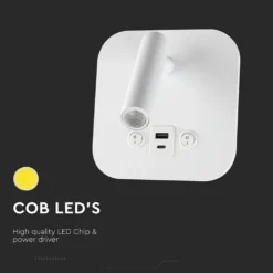 8W LED sengevæglampe med USB/PD opladning, CREE chip, 3000K, hvid, inkl. lyskilde - Kulør: Varm