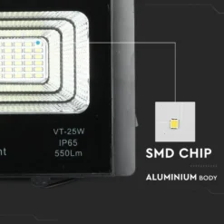 25W Solara LED projektør med solcelle, 550lm, IP65, sort, inkl. fjernbetjening og solpanel, 6000K - Kulør