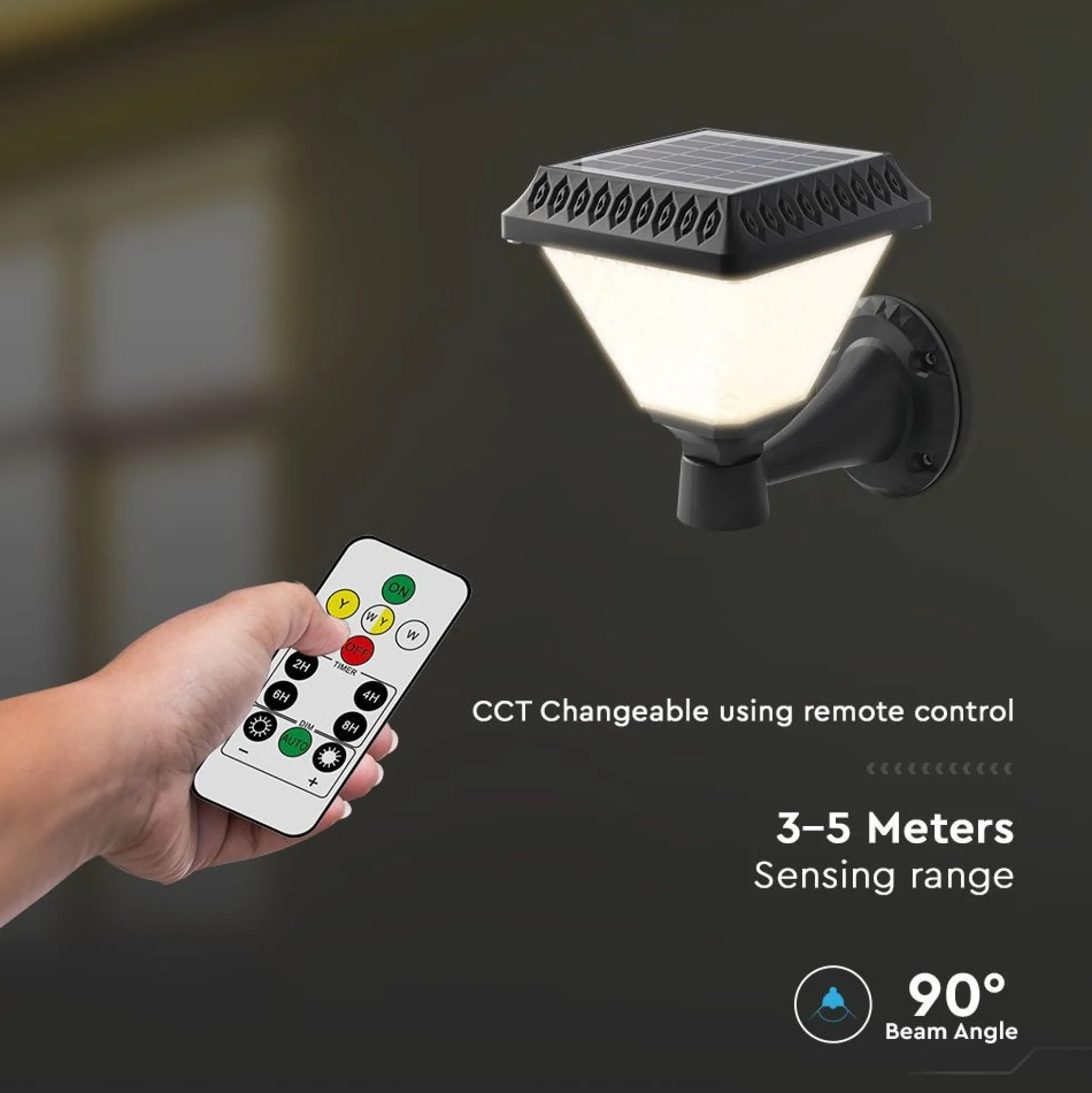 0,8W Solara LED væglampe med solcelle og fjernbetjening, CCT, IP44, sort, inkl. sensor, 3-i-1 kulør